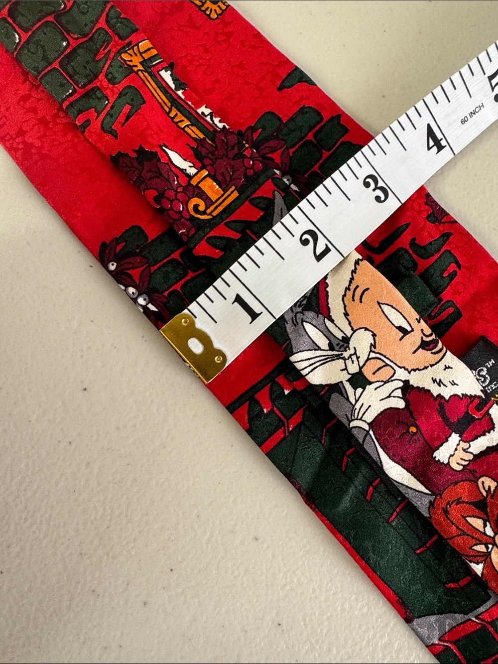 Vintage Looney Tunes Elmer Fudd Santa Bugs Bunny Print Silk Tie 90s Y2K Holiday - Picture 4 of 15